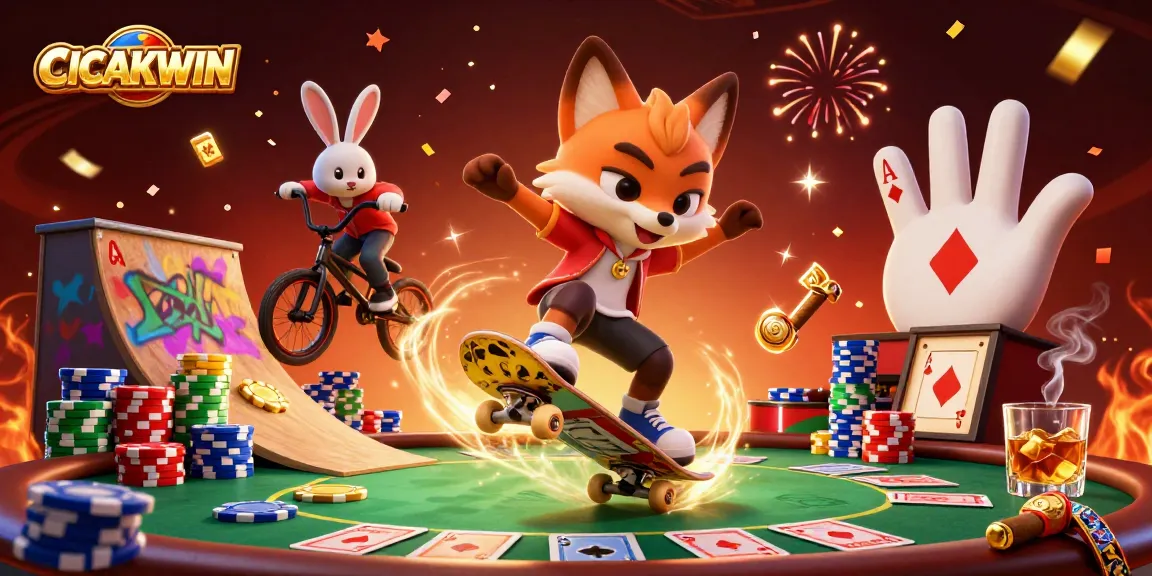 CICAKWIN brings excitement as a skateboard fox and BMX rabbit perform tricks over poker chips, featuring vibrant casino elements.