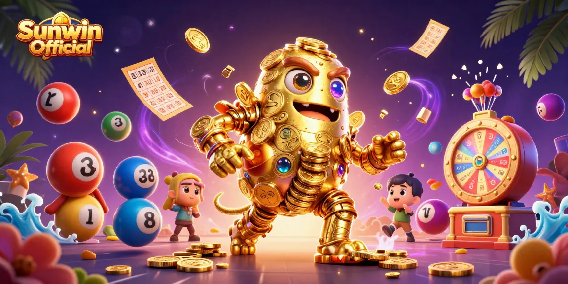 Sunwin Official engages players with a vibrant 3D illustration featuring a golden golem surrounded by exciting gambling elements.