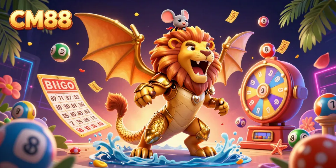 Engage with CM88's exhilarating gaming experience, showcasing a chimera and lucky motifs like lottery balls and bingo cards.