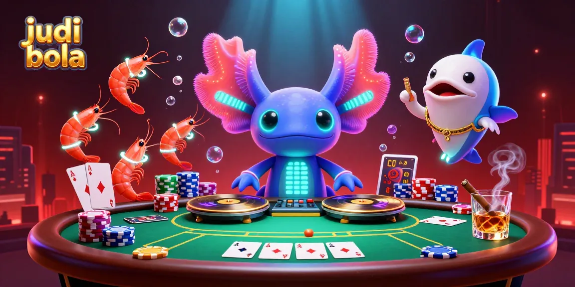Judi bola di platform SBOBET dengan DJ axolotl dan aksesoris cerah, menggoda taruhan bola.