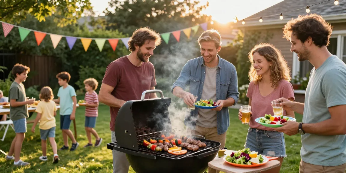 Suasana BBQ di taman dengan keluarga dan teman-teman berkumpul, BBQ menggunakan BOS88, suasana ceria.