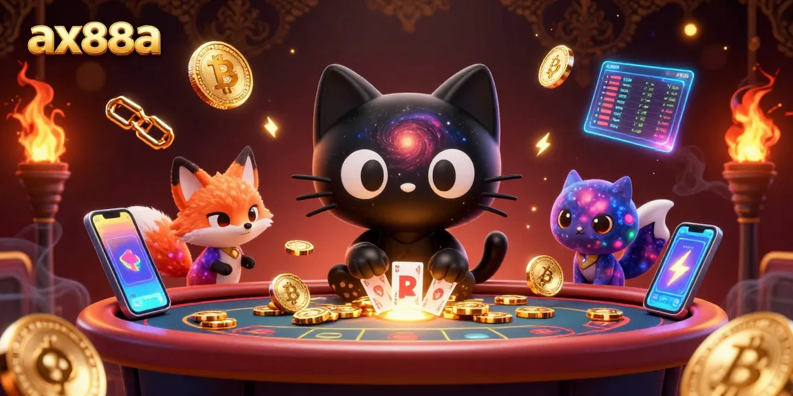 Engage with ax88a in a vibrant cosmic casino adventure featuring dynamic characters and cryptocurrency elements.