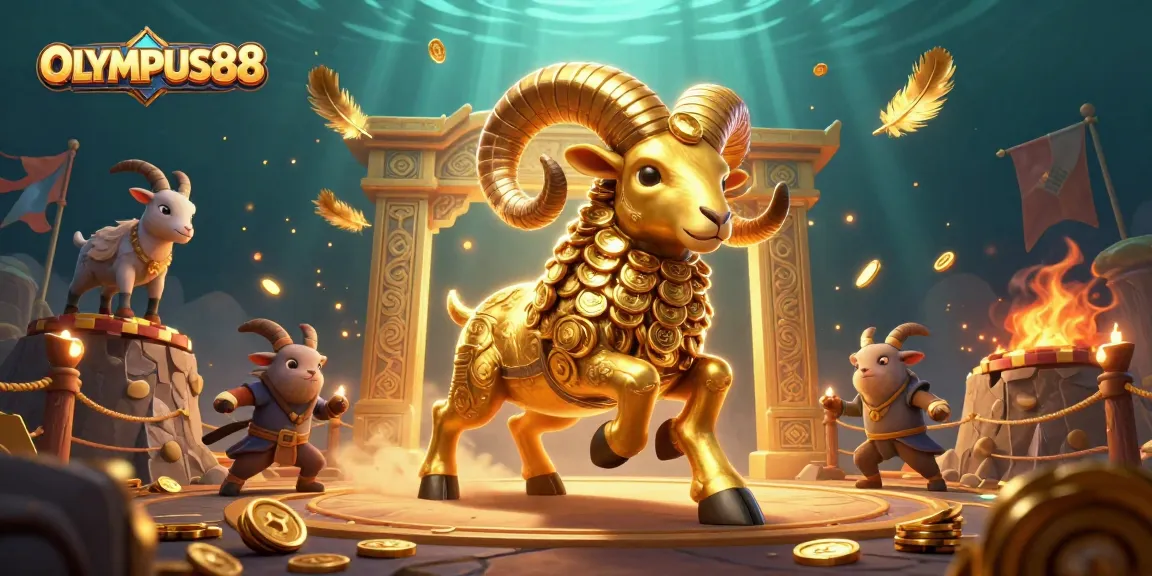 OLYMPUS88 menghadirkan ilustrasi kasino dengan domba emas yang beraksi di arena kemenangan.