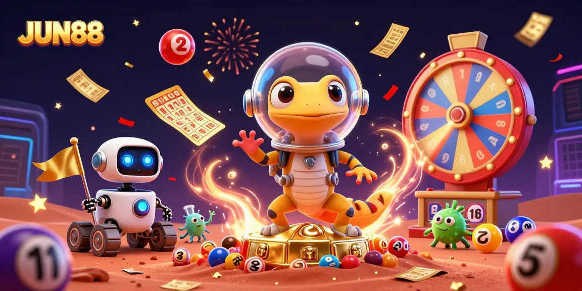 Experience JUN88's vibrant casino adventure with a Martian gecko discovering gaming treasures.
