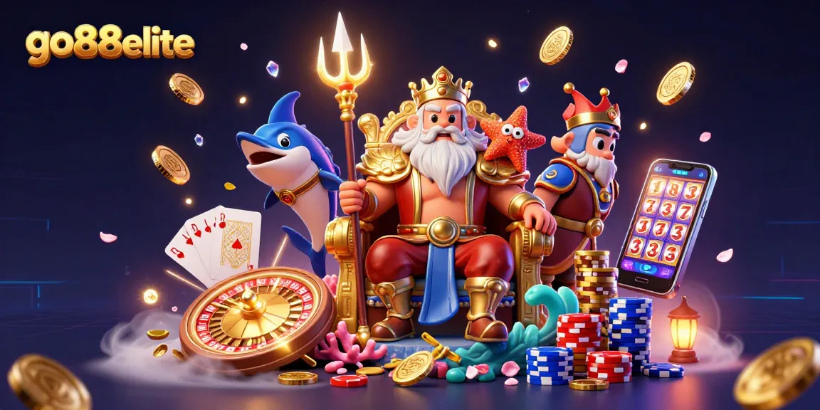 Join the gaming adventure at go88elite with captivating casino elements surrounding king Neptune.