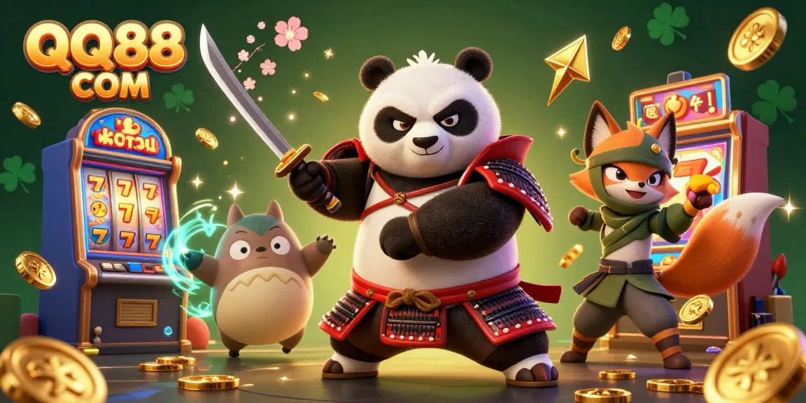 Experience thrilling gameplay with QQ88 COM featuring a samurai panda and ninja fox in an energetic casino scene.