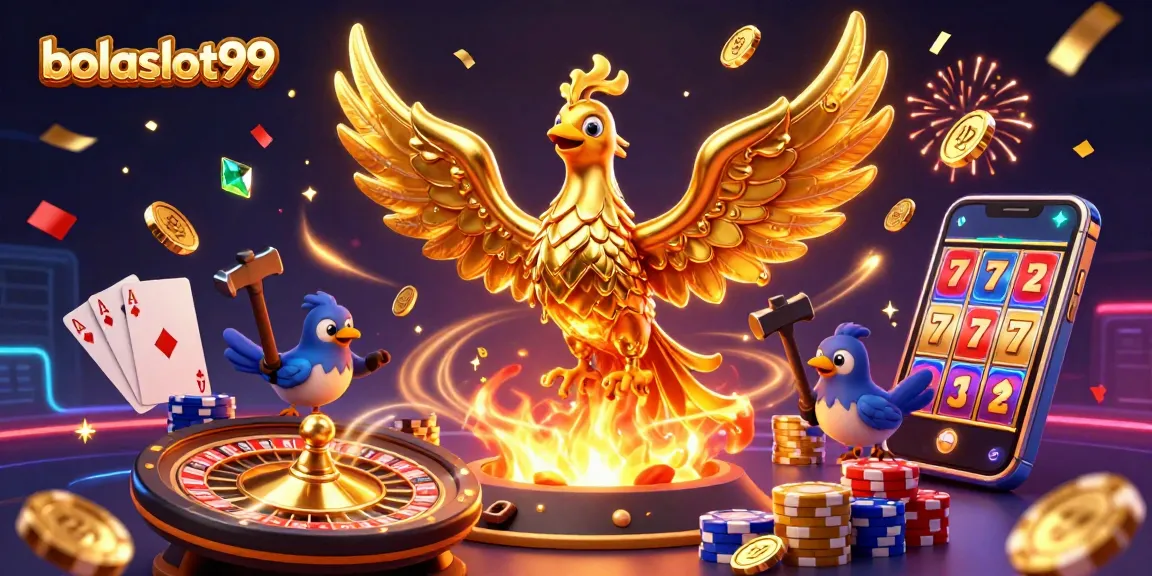 Engage with bolaslot99's vibrant 3D casino illustration showcasing a molten phoenix amidst golden wins.