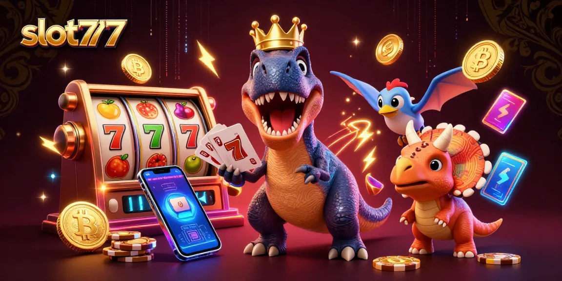 Permainan slot777 yang menarik ditampilkan dengan karakter kartun 3D sambil mengelola chip emas dan kartu.