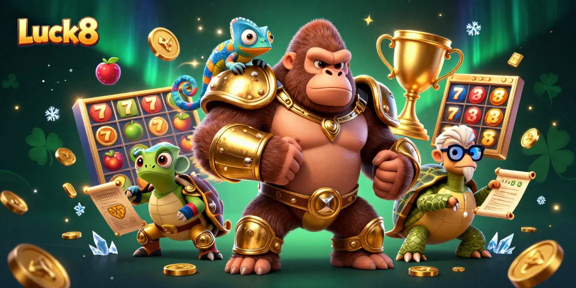 Experience the excitement of Luck8 with vivid casino elements and dynamic characters in this captivating illustration.