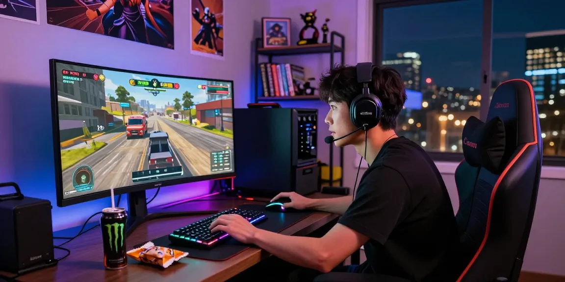 Gamer engaged in dollar4d truck defense strategy gameplay with vibrant setup.