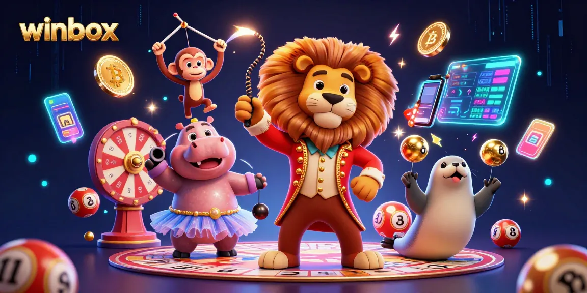 Winbox lottery excitement with vibrant characters, dynamic prizes, and glowing elements