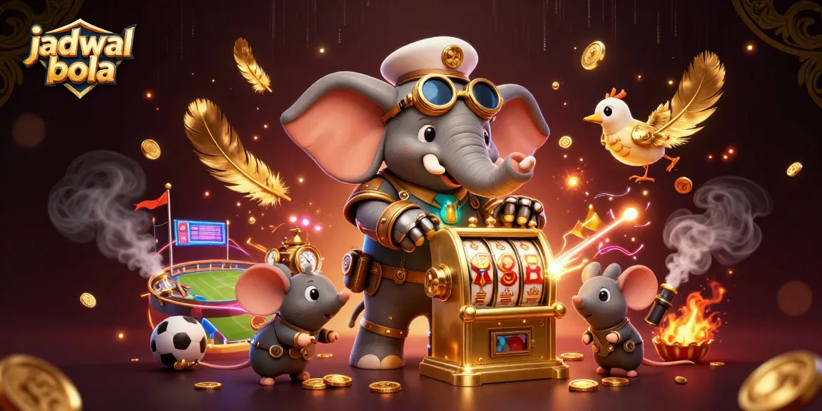 Engage with jadwal bola through a vibrant 3D casino scene featuring a steampunk elephant and golden slot machine.