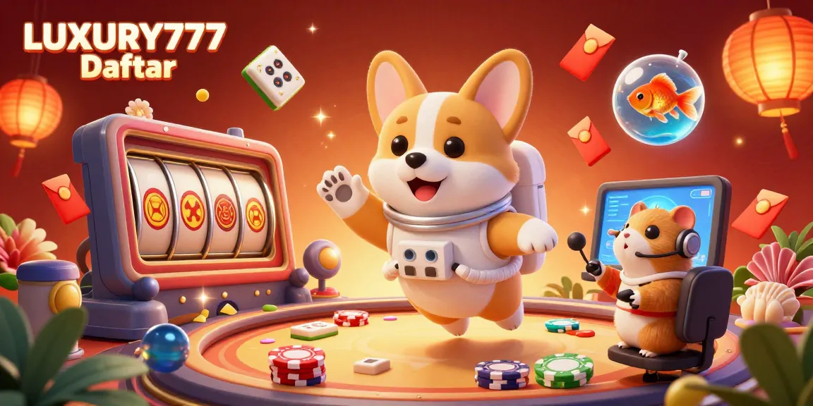 Ikon permainan LUXURY777 Daftar menampilkan corgi astronot menikmati kasino luar angkasa yang berwarna-warni.