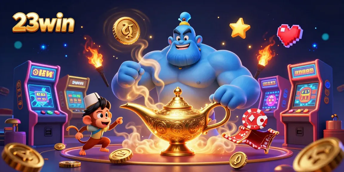 Engage at 23win with a magical scene of a genie, poker chips, and colorful casino game elements.