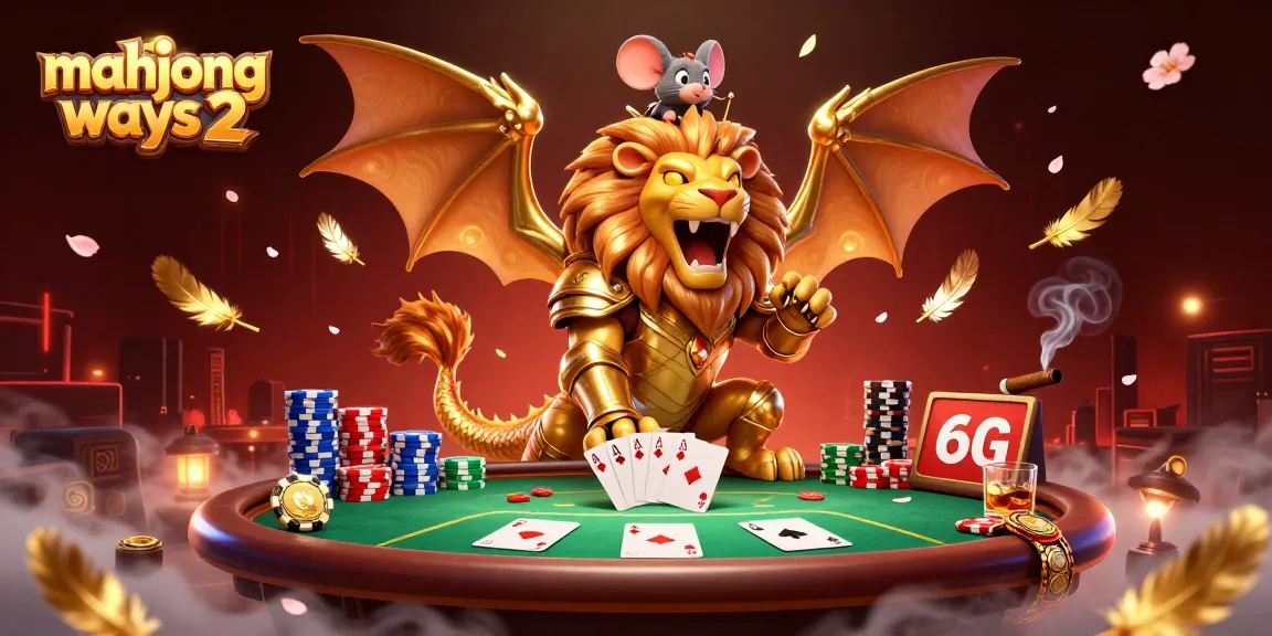 Engage in Mahjong Ways 2 excitement with a captivating illustration featuring golden chimera and poker elements.
