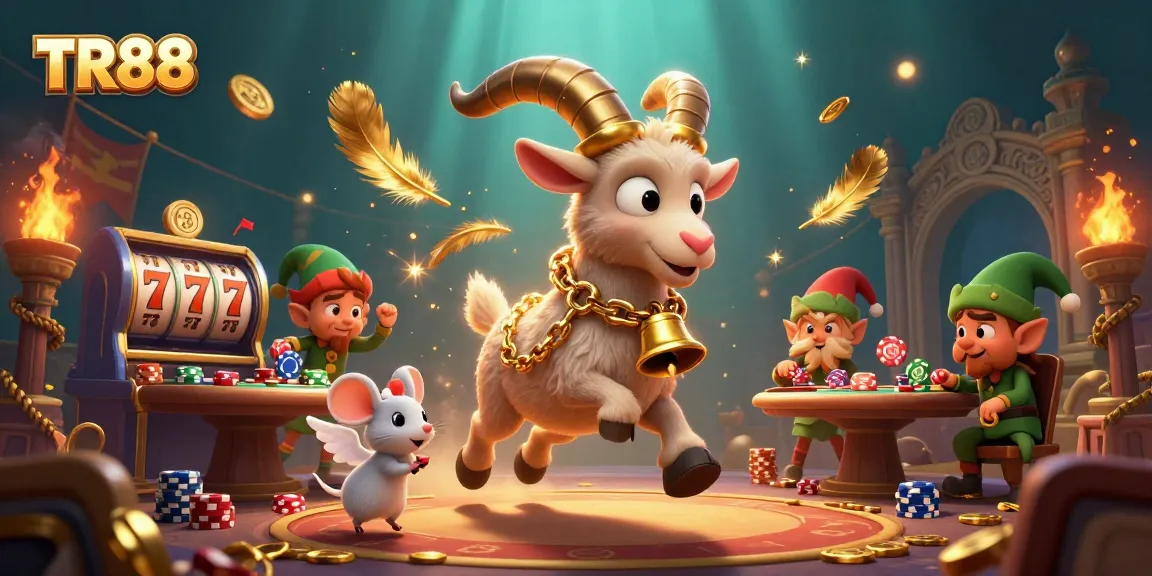 Experience thrilling action at TR88 casino with Krampus, angel mouse, and elf gremlins amidst slot games.
