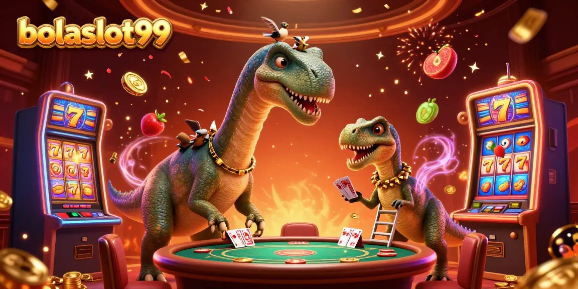 Bolaslot99 brings excitement with a cartoon dinosaur and raptor dealer at a vibrant slot scene.