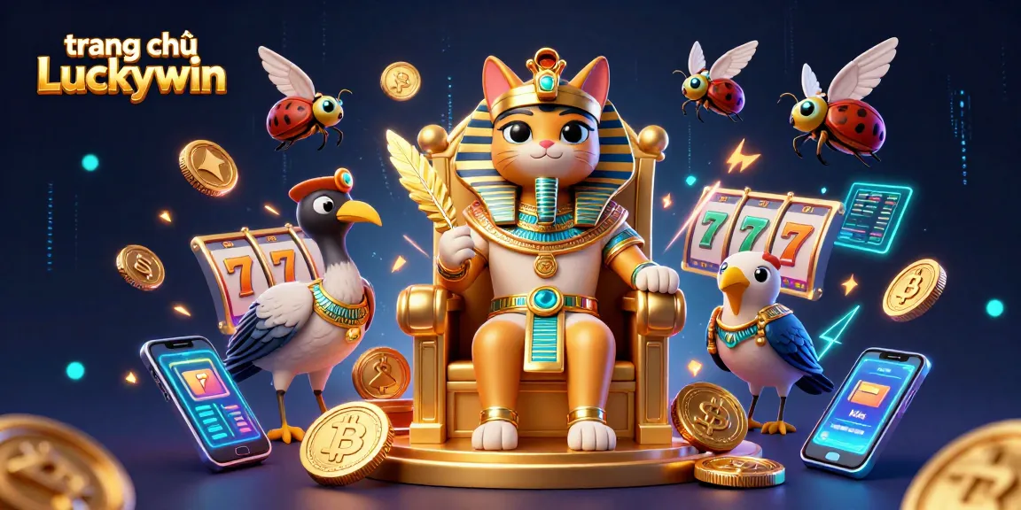 Explore the vibrant world of trang chủ Luckywin with an energetic 3D casino illustration featuring iconic characters and slot elements.