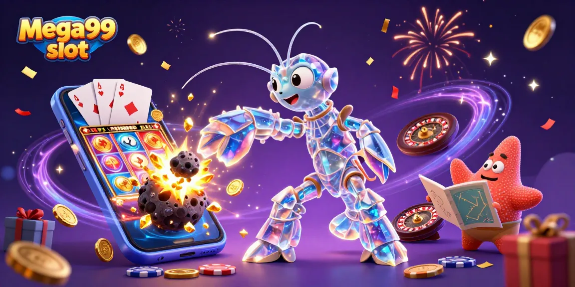 Experience mega99 slot excitement with a galactic samurai and vibrant casino elements.