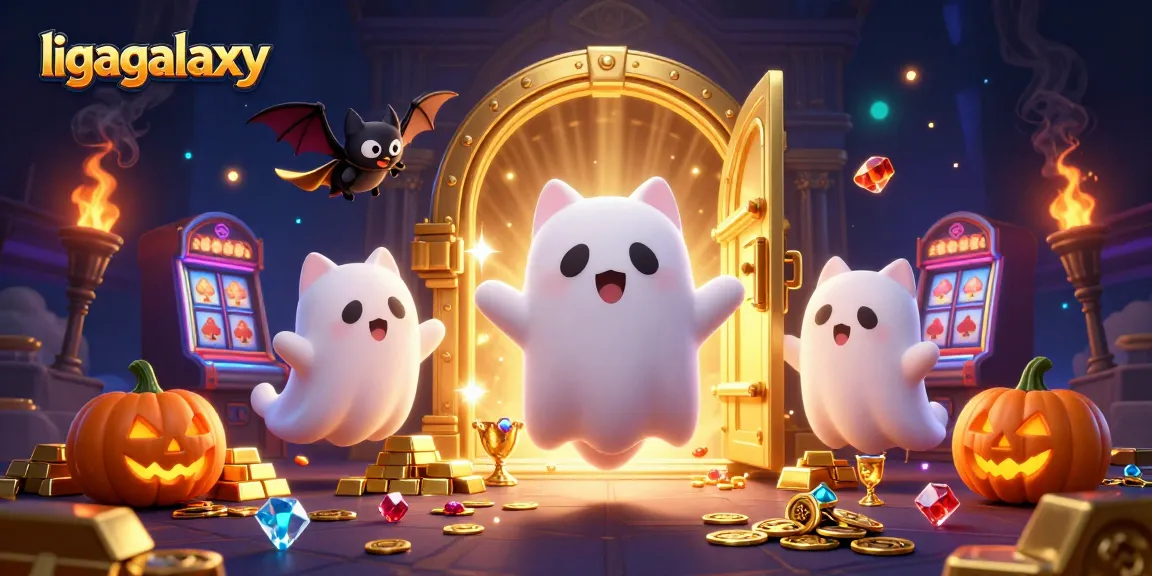 Permainan slot dengan ligagalaxy dihiasi karakter kucing hantu yang melayang dan detail kasino yang memukau.