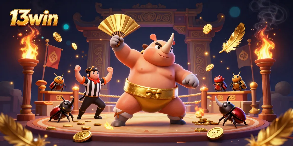 Engage in thrilling action with 13win's dynamic coin-stomping beetle champion illustrating the excitement of gaming.