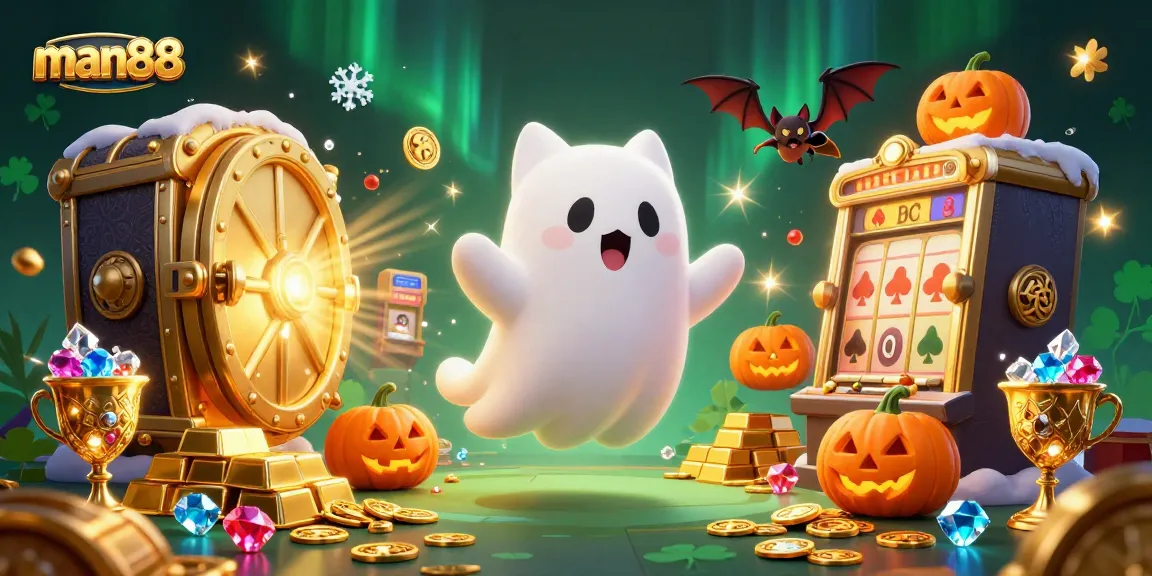 Engage with man88 in an enchanted haunted casino scene featuring a ghost cat and treasure.