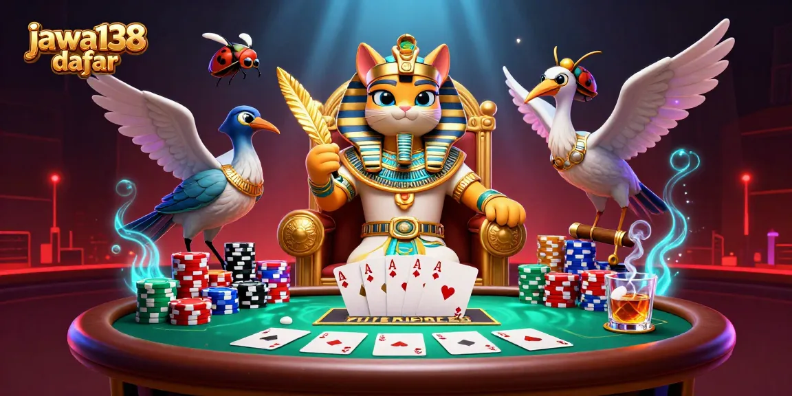 Experience excitement with jawa138 daftar as the Egyptian pharaoh cat plays poker amidst vibrant casino elements.