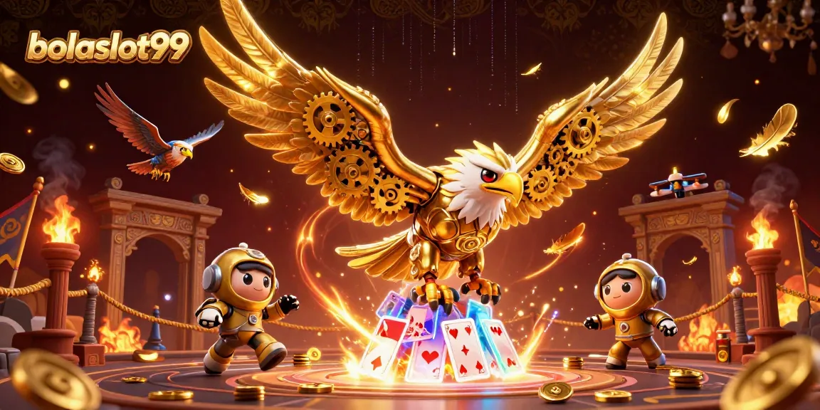 Bolaslot99 showcases a thrilling 3D illustration featuring a cybernetic eagle amidst holographic playing cards and gold coins