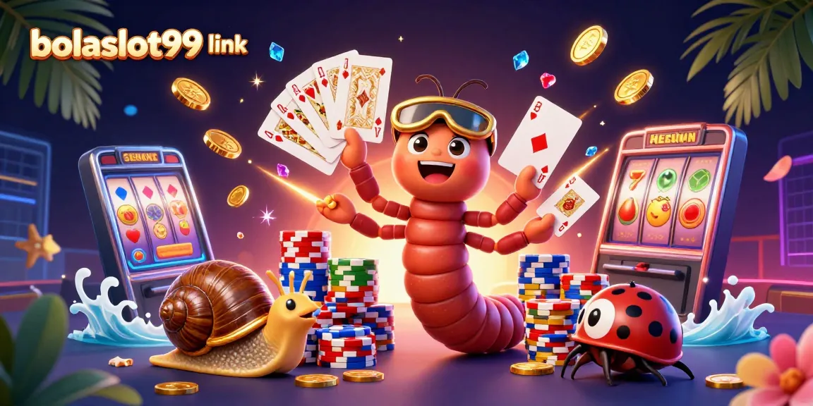 Experience the thrill of bolasslot99 link with a dynamic casino illustration featuring a millipede dealer, high-roller snail, and excitement-filled elements.
