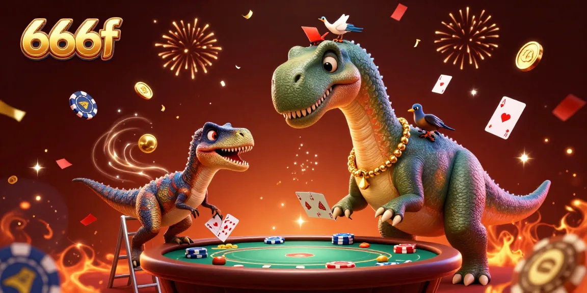 Experience thrilling gameplay at 666f as a brontosaurus surveys a poker table with dynamic casino elements.