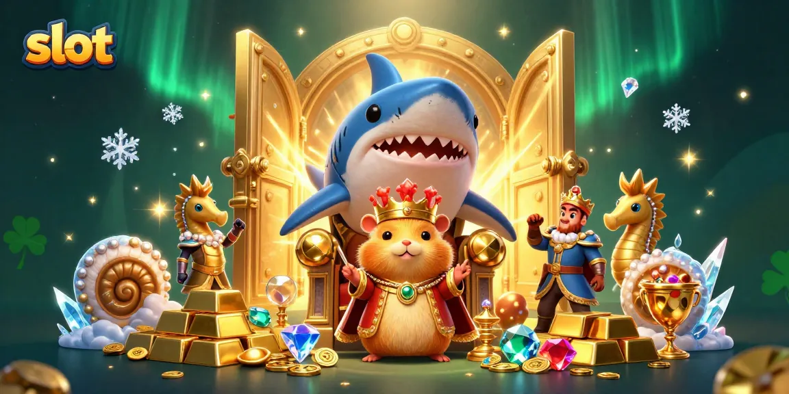 Win big with slot games featuring a golden hamster king and treasure in this dynamic casino illustration.