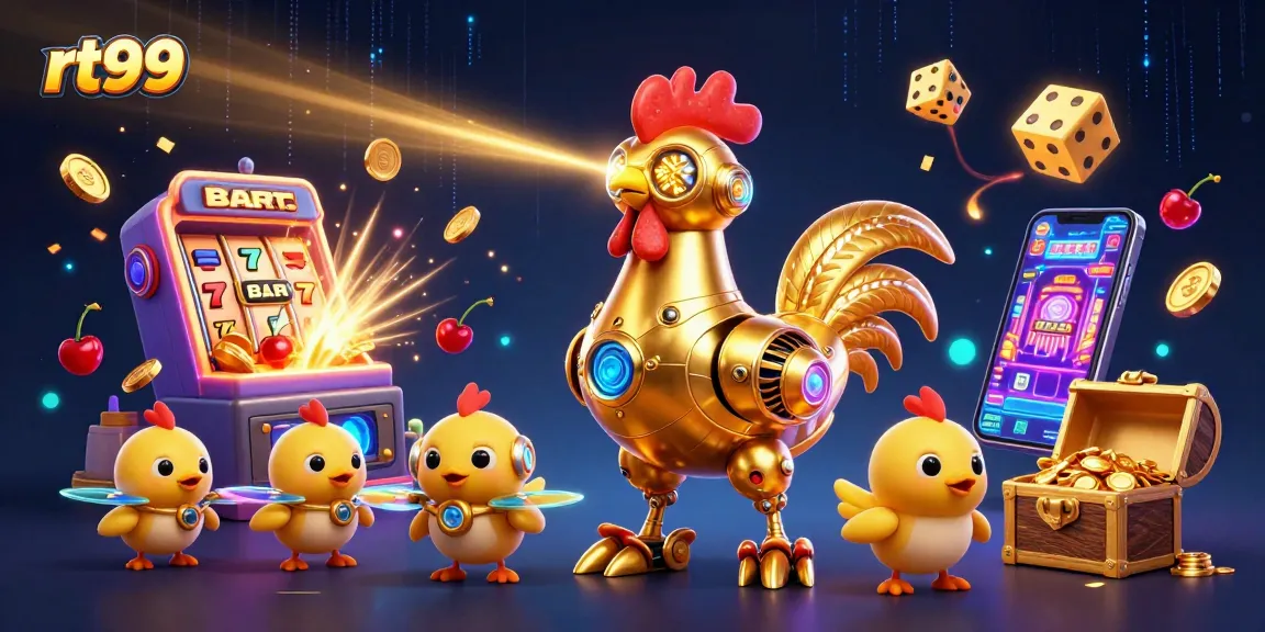 Experience the excitement of rt99 with the golden rooster robot and baby chick drones amidst a jackpot explosion.