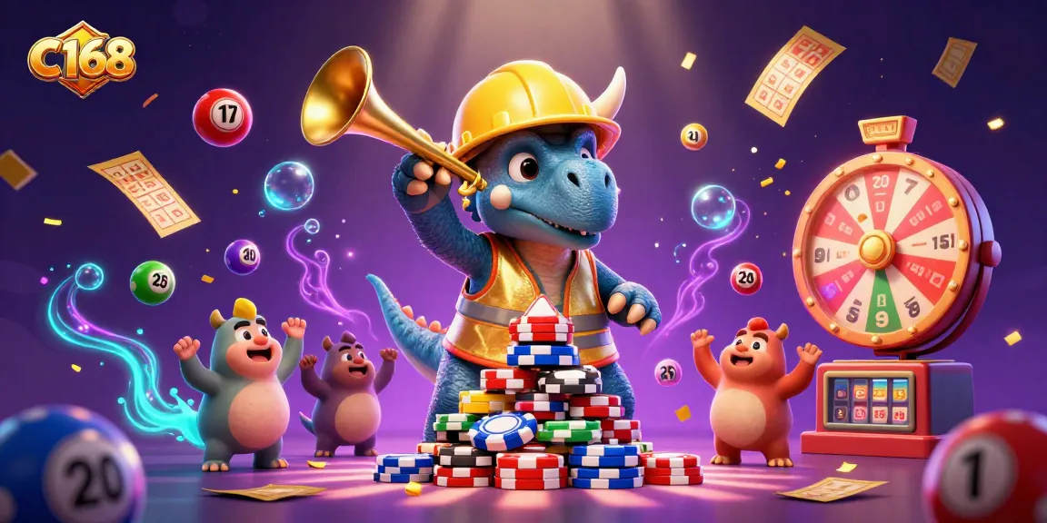 C168 exhilarates players with 3D triceratops and lottery excitement in a vibrant casino scene.