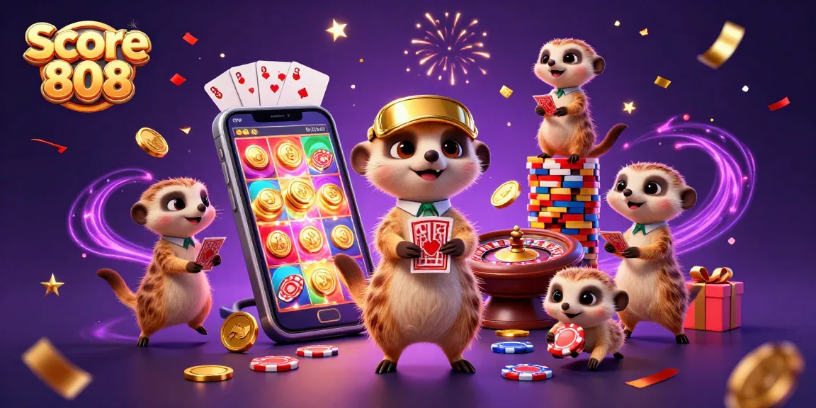 Score 808 showcases a lively meerkat casino scene with colorful slot games and dynamic elements.