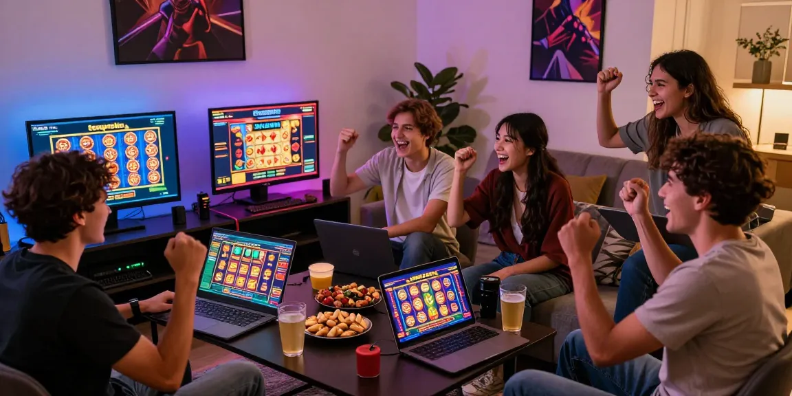Friends enjoying lottery games on tempototo platform in a lively living room.