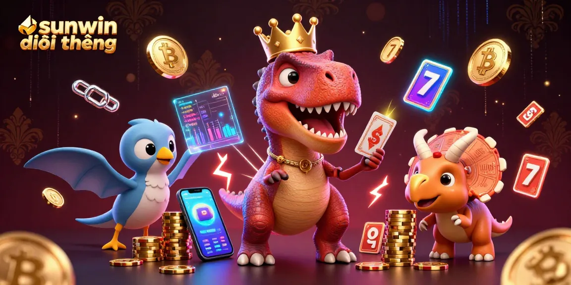 Experience sunwin đổi thưởng with a T-Rex playing cards, while Bitcoin and Ethereum coins surround them in a vibrant casino scene.