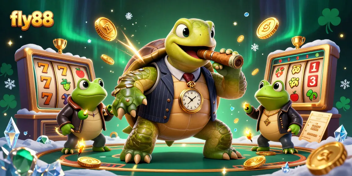 Fly88 offers thrilling slots action with a mobster turtle and bullfrog enforcers lighting up the gaming scene.