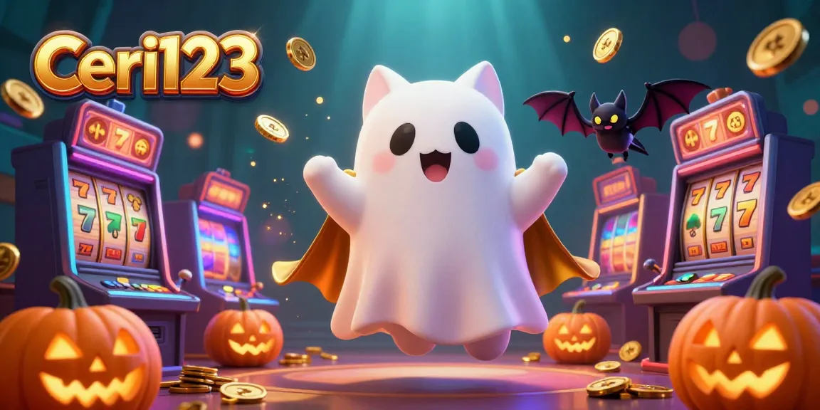 Ceri123 players enjoy high-stakes slot reels with a friendly ghost cat in a vibrant casino atmosphere.