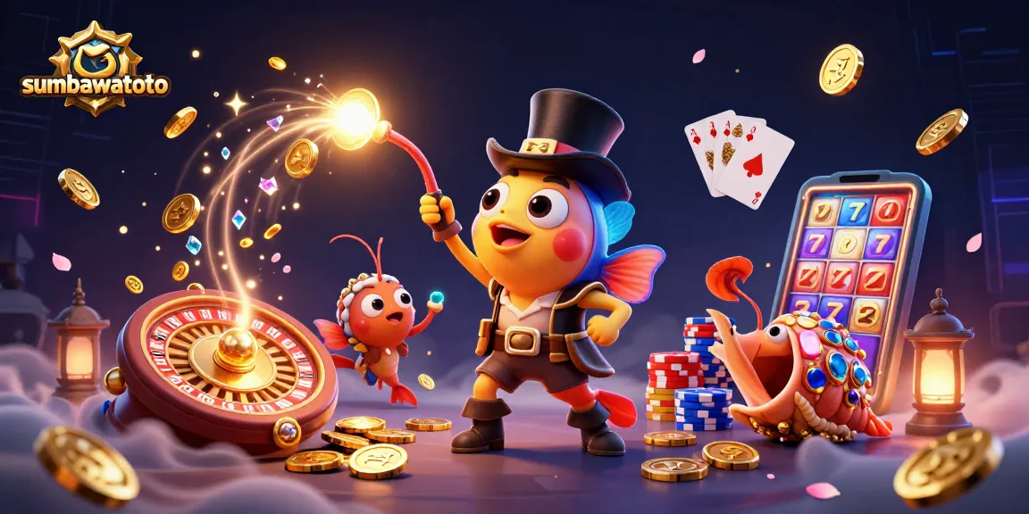 Gambar ilustrasi 3D sumbawatoto dengan ikan pemancing dan koin emas mengalir