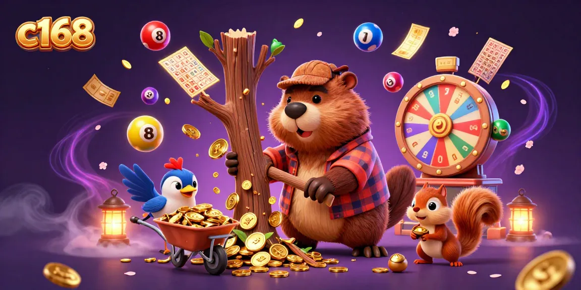 Experience the thrill at c168 with a lively illustration of a beaver collecting golden coins in a casino environment.