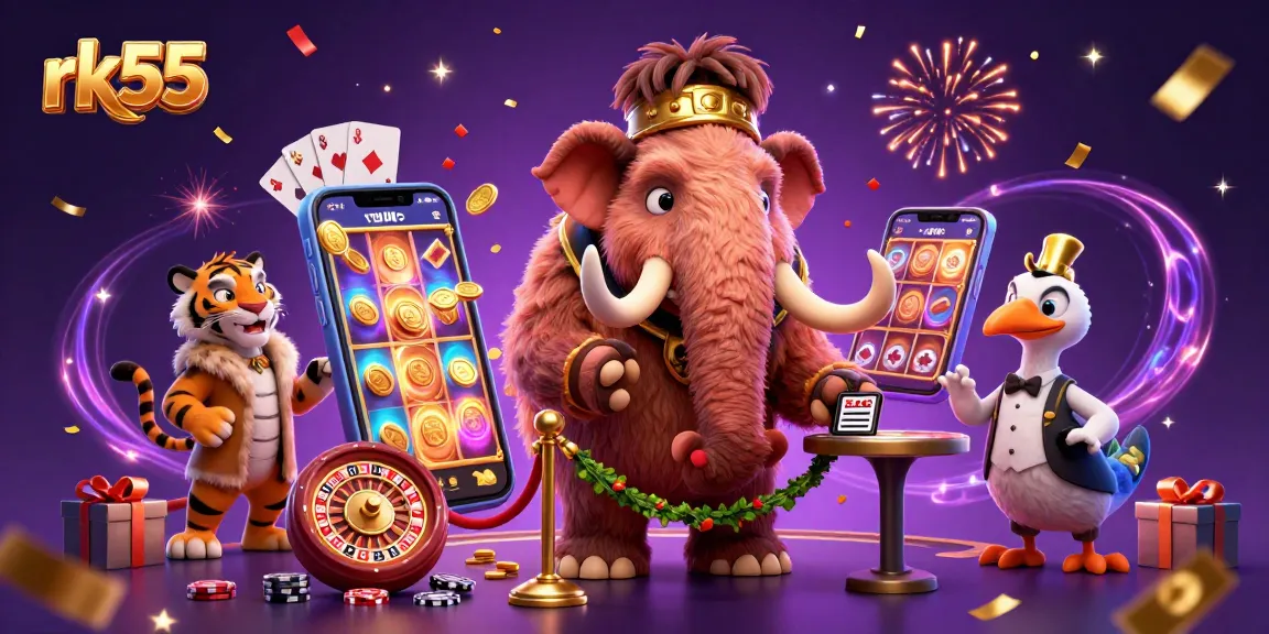 Experience rk55's vibrant casino scene featuring a woolly mammoth bouncer, slots, and VIP treatment