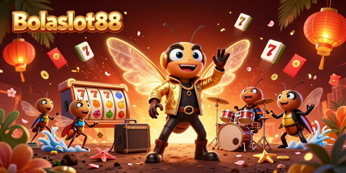 Bolaslot88 brings excitement with a vibrant 3D casino scene featuring dynamic characters and slot game elements.