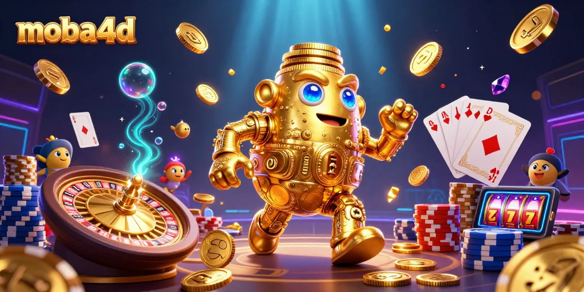 Spin winning moba4d slots with a golden golem surrounded by casino elements.