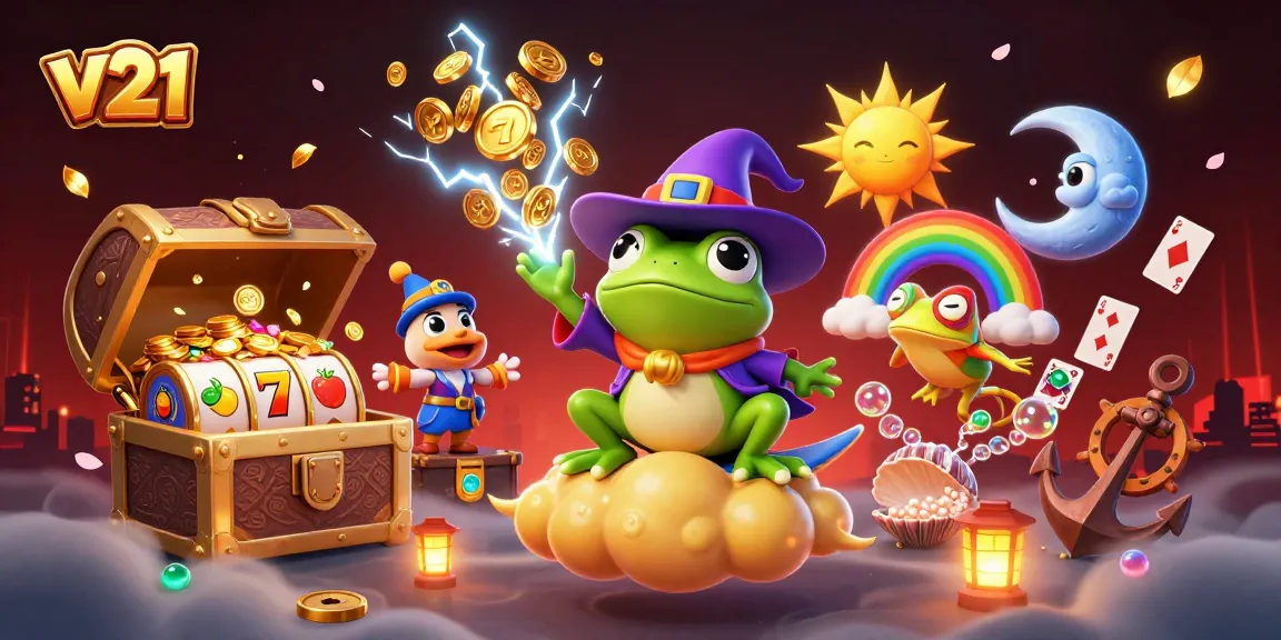 Permainan slot v21 yang menarik dengan karakter si kura-kura cuaca dan kameleon, dikelilingi koin emas.