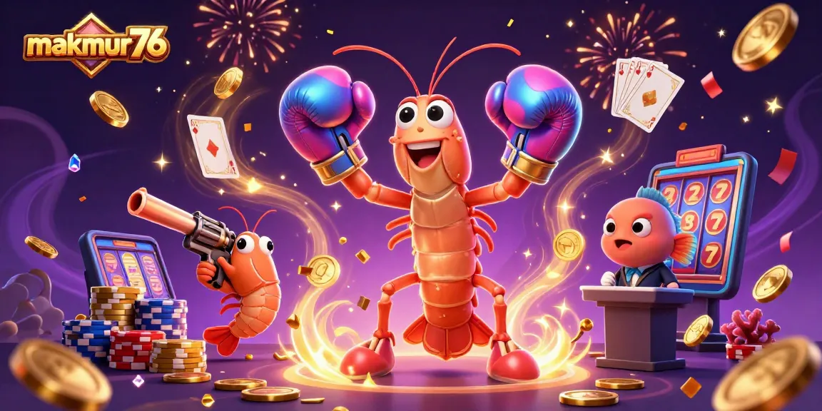 Experience thrilling action with makmur76 as the mantis shrimp and friends celebrate wins in a vibrant casino scene.