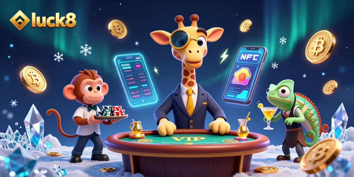 Experience exciting gaming at luck8 with a vibrant 3D casino scene featuring delightful characters and crypto elements.