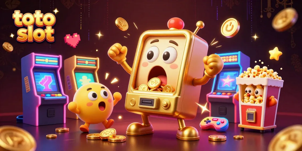 Slot toto menarik dengan mesin slot emas, koin berjatuhan, dan suasana permainan yang meriah.