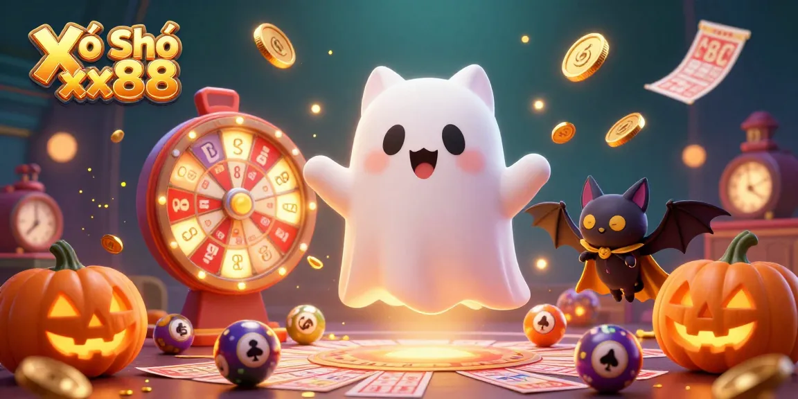 Xổ Số xx88 lottery-themed illustration showcasing glowing numbered balls and a ghost cat.
