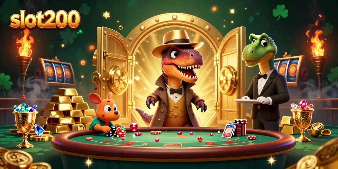 Gambarkan slot200 dengan karakter velociraptor dan stegosaurus di kasino yang penuh harta karun.