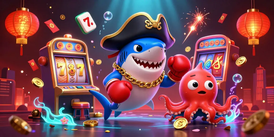 Play slot machines and chase jackpots with a lively shark, pufferfish, and octopus in this vibrant casino scene.